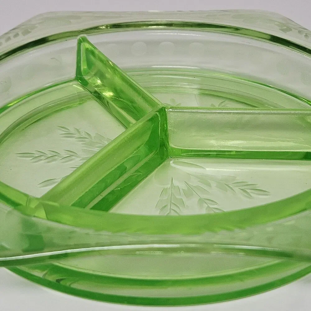 Vtg Green Uranium Vaseline Glass 3 Part Serving Dish Jewelry organizer Trinket